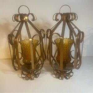 Set Of 2 Vintage Gold Metal Bird Cage Candle Holder With Optic Amber Glass Shade